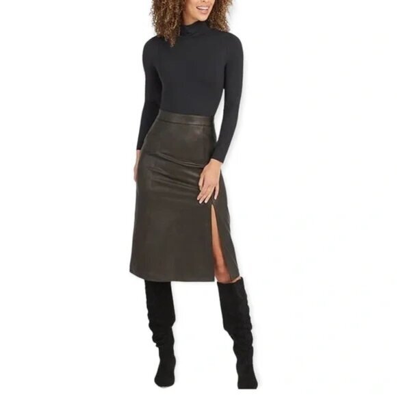 SPANX Leather Like Faux Leather Pull On Midi Skirt M Black #20321R - Picture 1 of 14